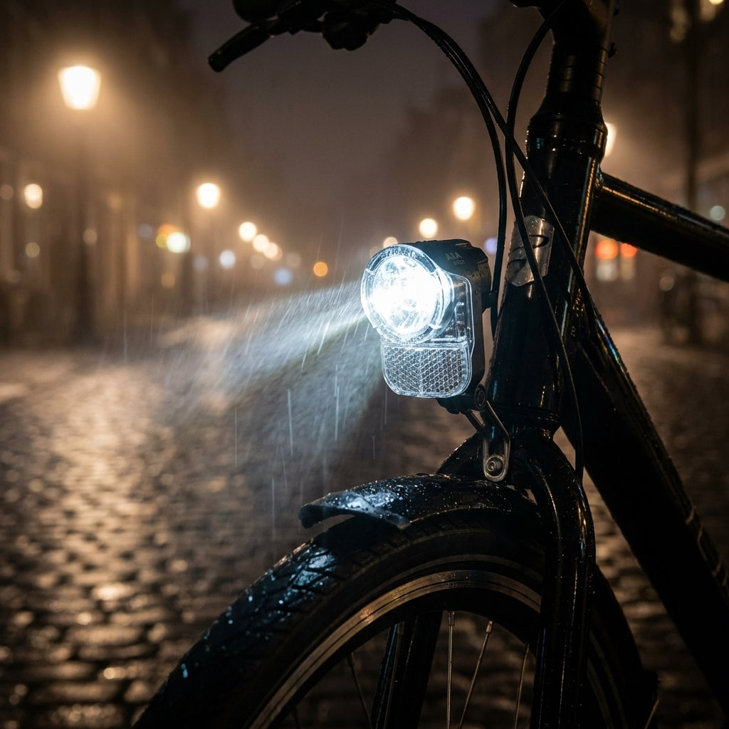 Axa Pico 30 Switch Schalter LED StVZO Scheinwerfer schwarz am Fahrrad im Regen auf Kopfsteinpflaster.