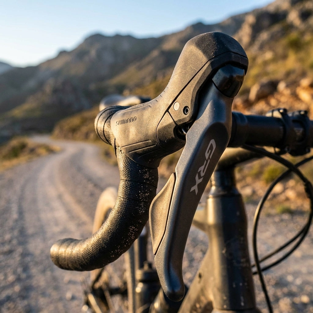 SHIMANO GRX BL-RX820-L linker Bremshebel für Scheibenbremse am Gravelbike auf Schotterweg.