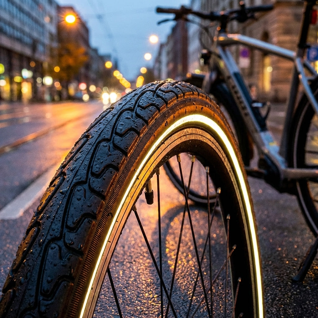 CST Reifen Trend 28x1.75 Reflex Draht, nass auf regennasser Stadtstraße bei Dämmerung.