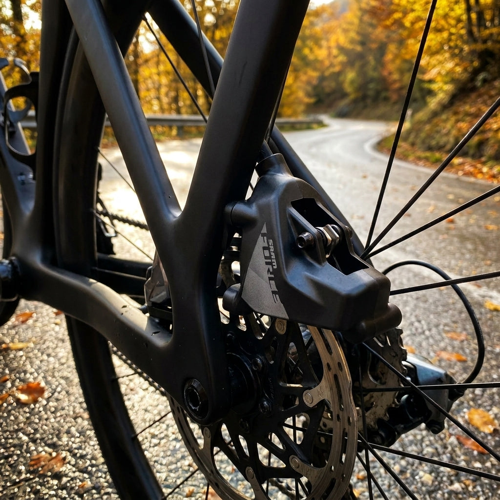 SRAM Force AXS FlatMount Bremssattel am Hinterrad eines schwarzen Fahrrads auf herbstlicher Straße.