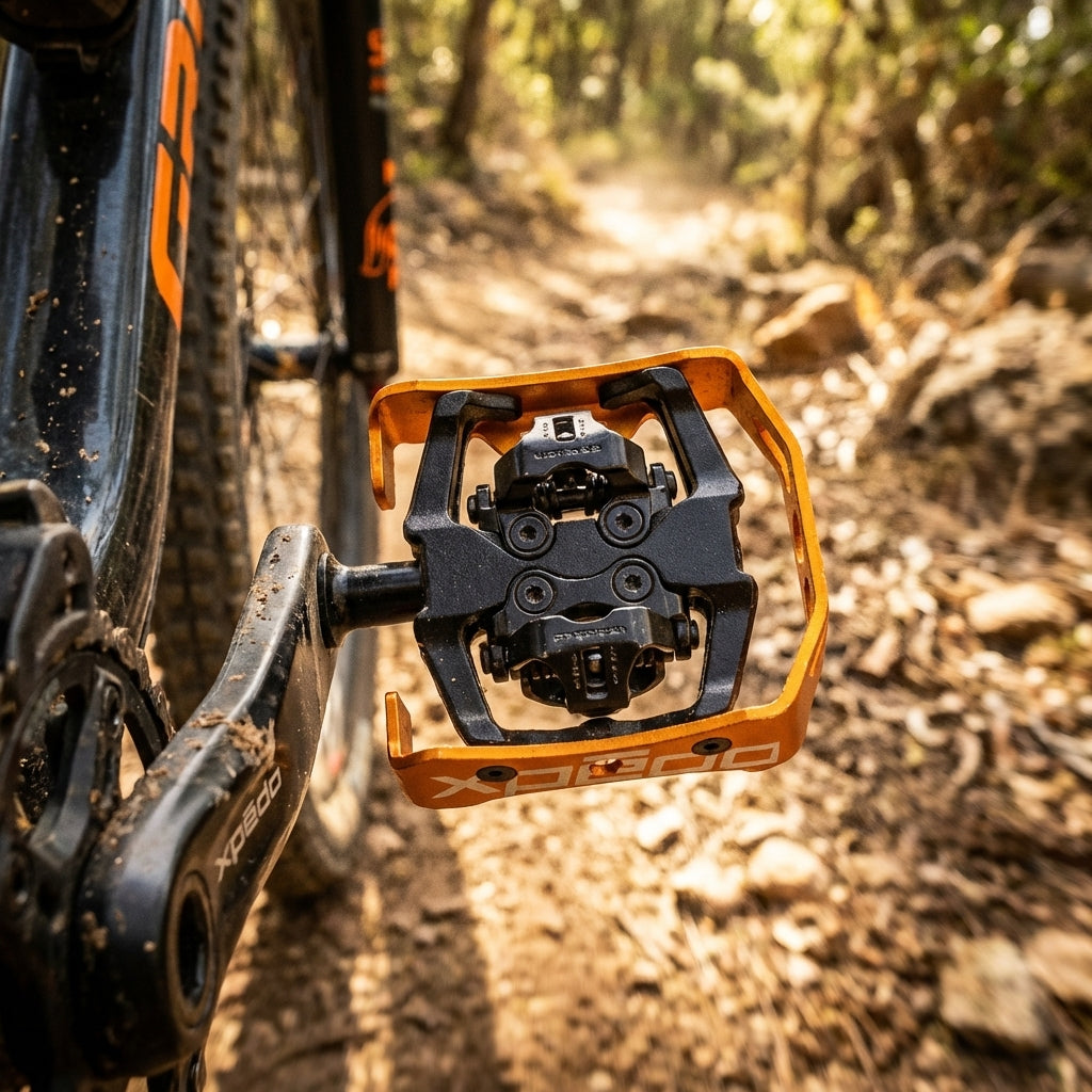 Nahaufnahme des schwarz-orangen Xpedo Clipless Pedal Milo XCF13AC am Mountainbike auf einem bewaldeten Trail.