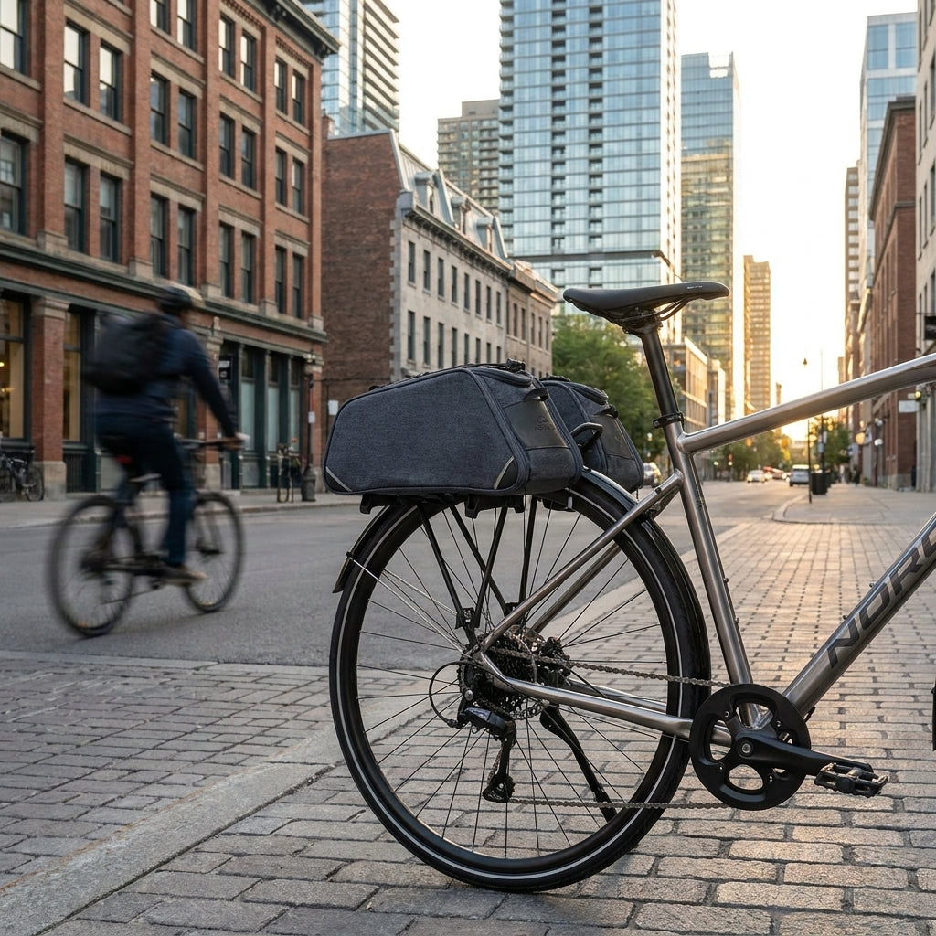 Norco Drayton Gepäckträgertasche grau (10l) am Fahrrad auf Kopfsteinpflaster in der Stadt.
