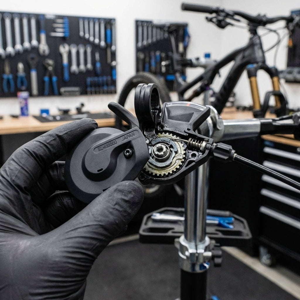 SHIMANO GEHÄUSEABDECKUNG U.RE SLM6000 Gehäuseabdeckung (Ersatzteil) für Schalthebel, in Hand, offener Schalthebel.