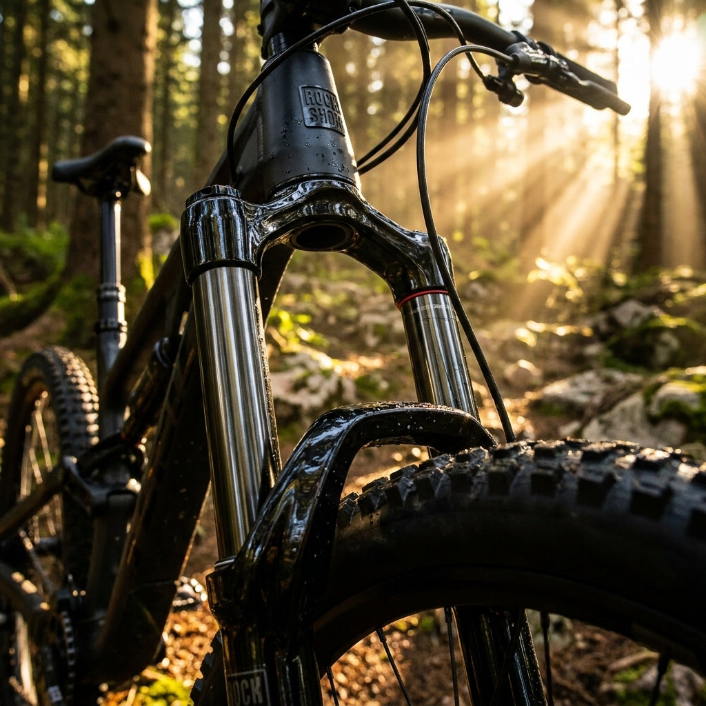 RockShox Lyrik Ultimate Federgabel in Glanzschwarz am Mountainbike im Wald, 27.5 Boost.