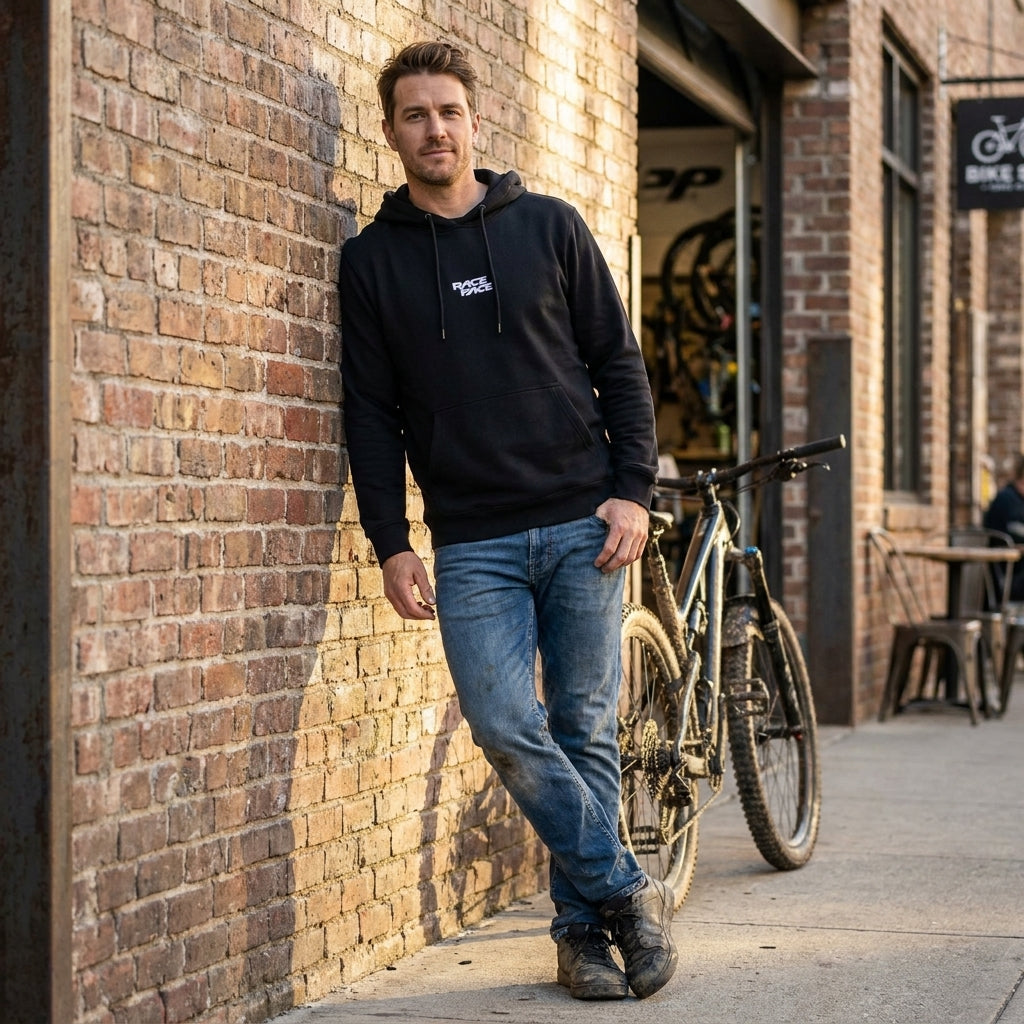 Mann in bequemem, modernem schwarzem Race Face Logo Hoodie und Jeans, mit Mountainbike vor Bike Shop.