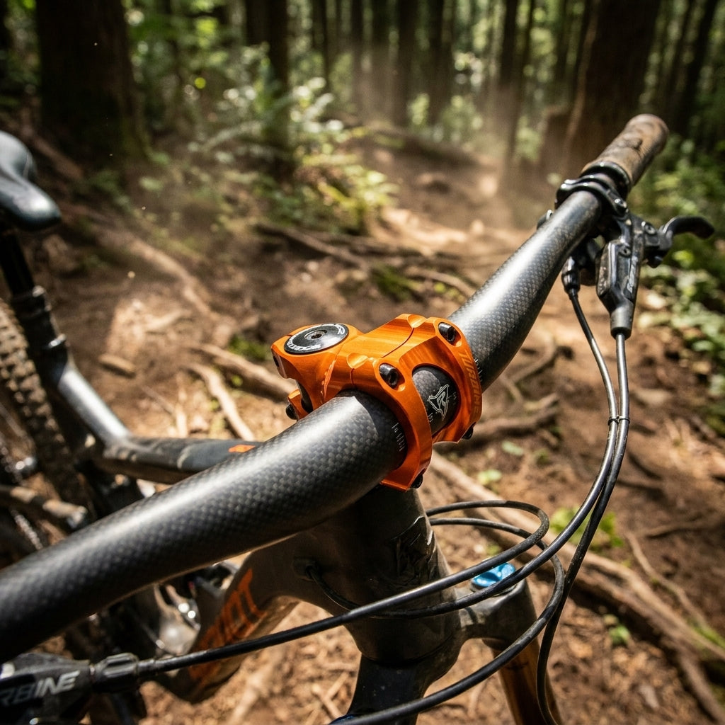 Orange Race Face Turbine R MTB Vorbau 35.0mm 50mm am Carbonlenker, stabil für aggressives Trailriding im Wald.