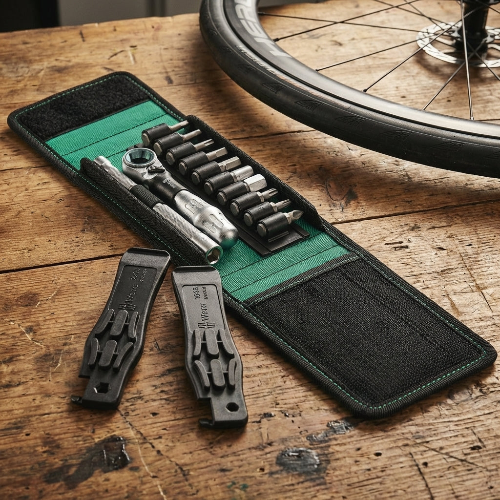 Wera Bicycle Set 1 Schraubwerkzeug 14-teilig und Reifenheber neben Fahrradrad auf Holztisch.