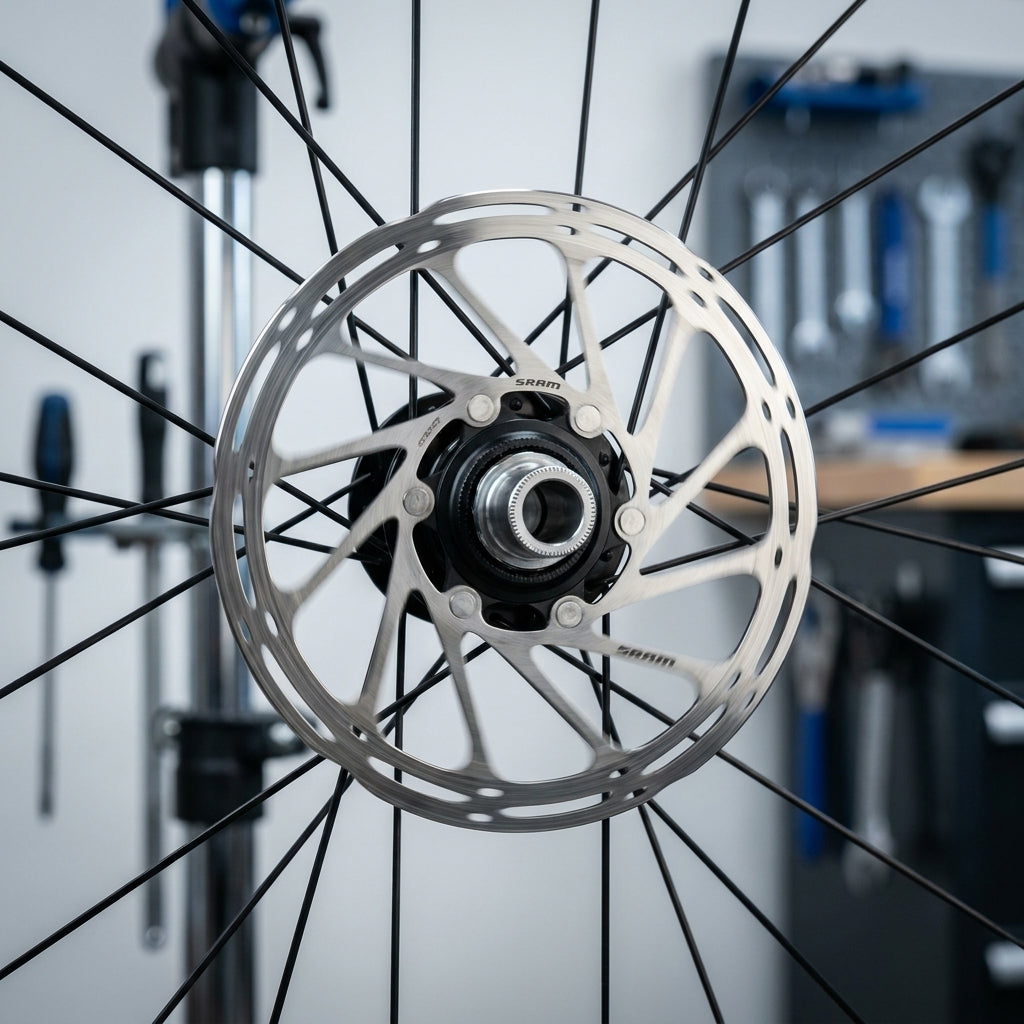 SRAM Centerline Rounded Centerlock 160 mm Bremsscheibe am Laufrad für leise, gleichmäßige Bremsperformance.