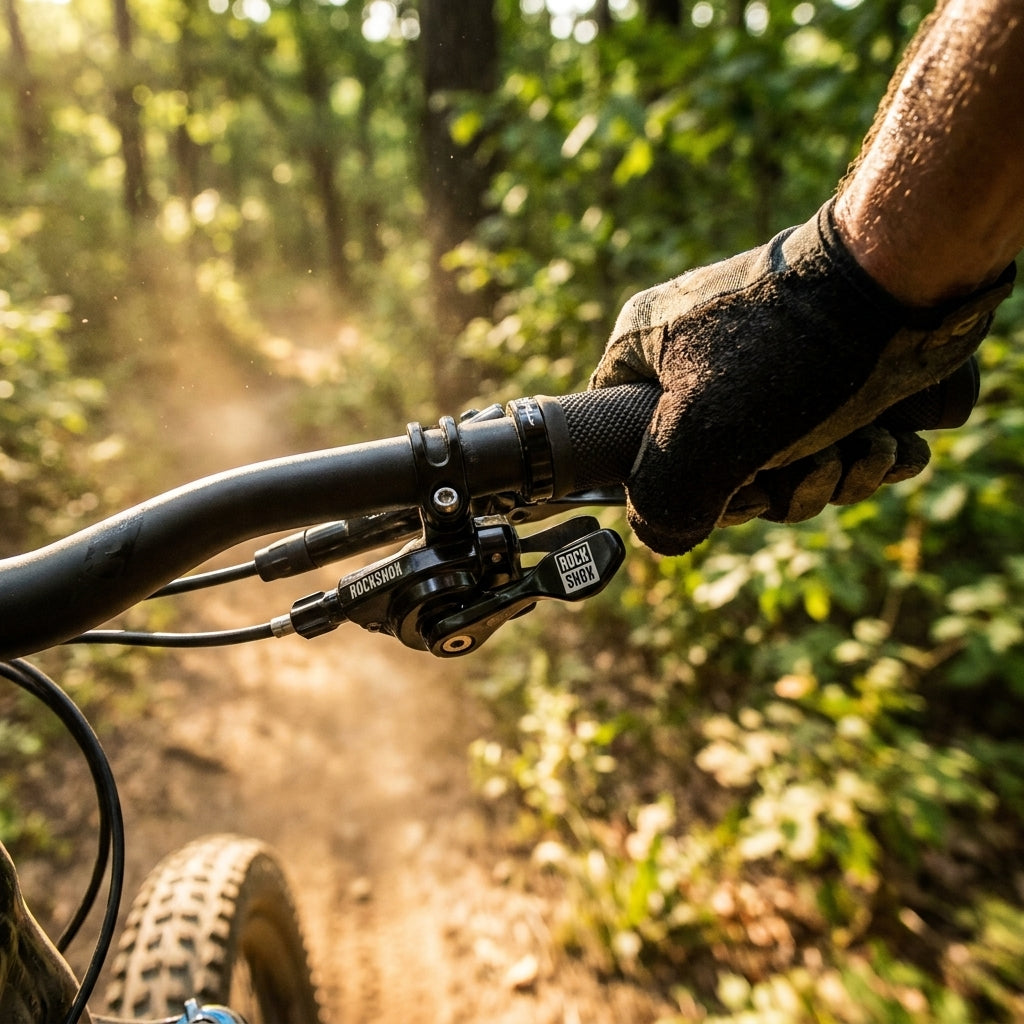 RockShox Xloc Full Sprint Remote Hebel am MTB-Lenker. Hand in Handschuh auf sonnigem Waldweg.