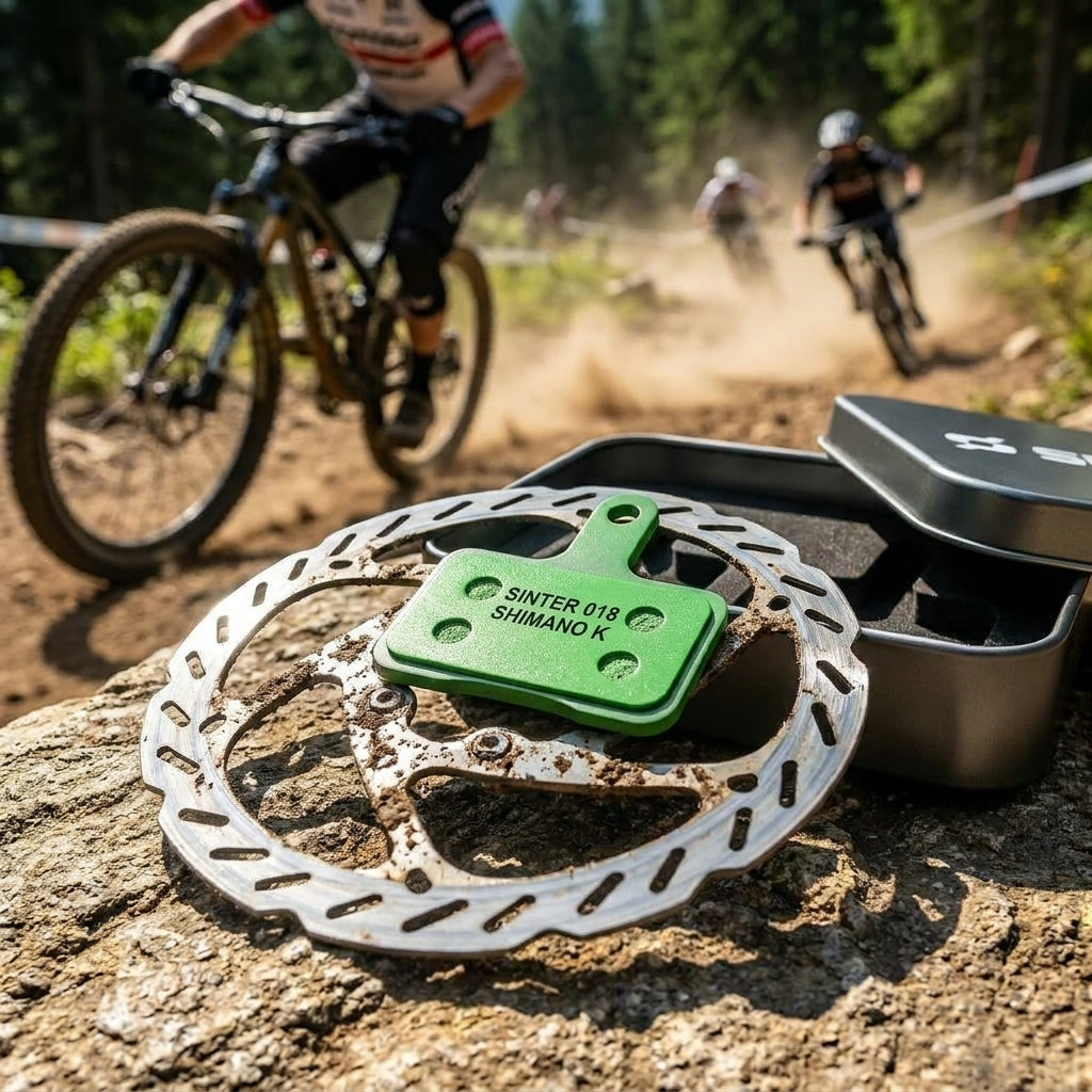 Grüner Scheibenbremsbelag Sinter 018 Shimano K organisch für MTB Race, Set in Dose. Optimale Bremsleistung für dein Mountainbike.