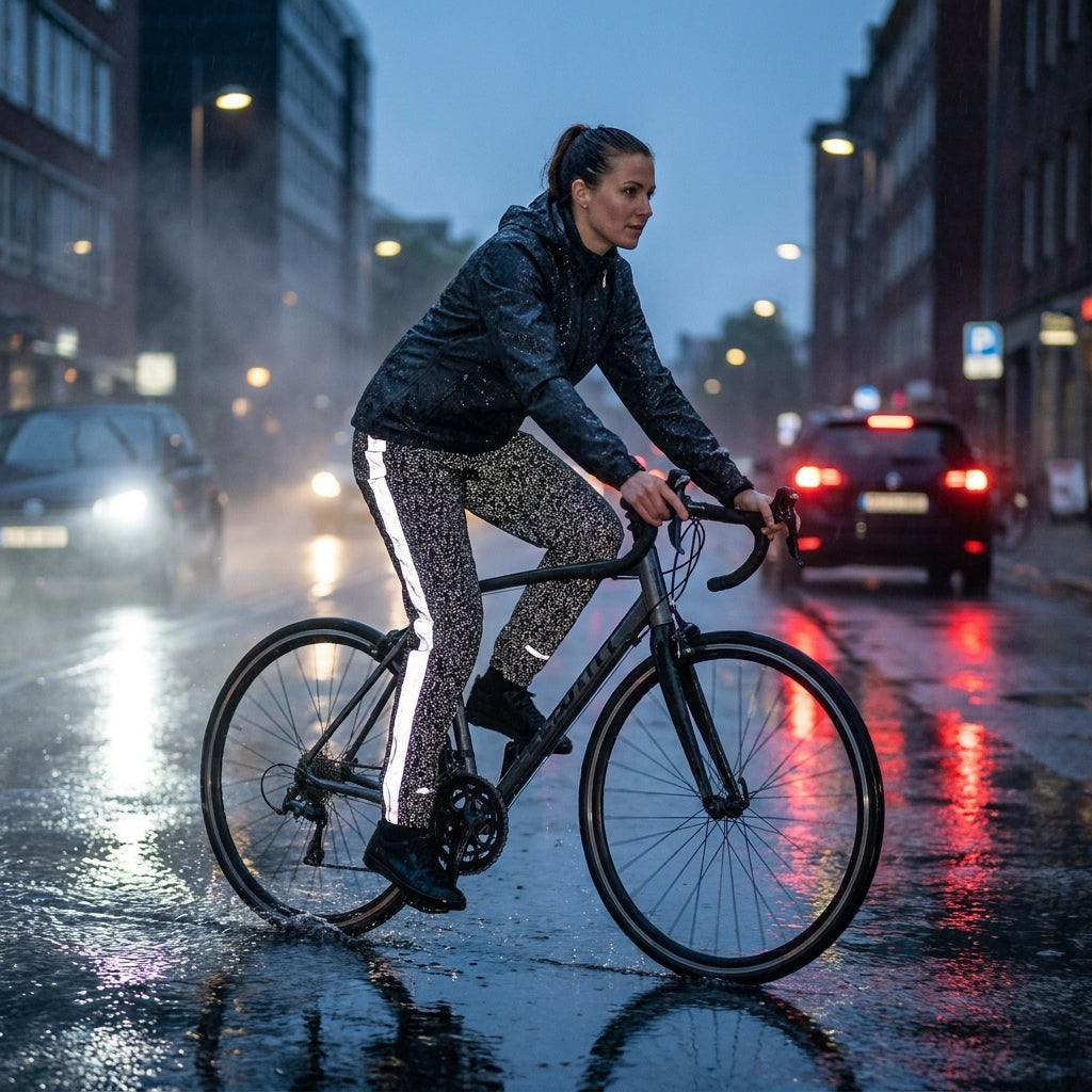 Frau fährt bei Nacht im Regen Fahrrad, trägt Basil Skane HIVIS reflektierende Regenhose.