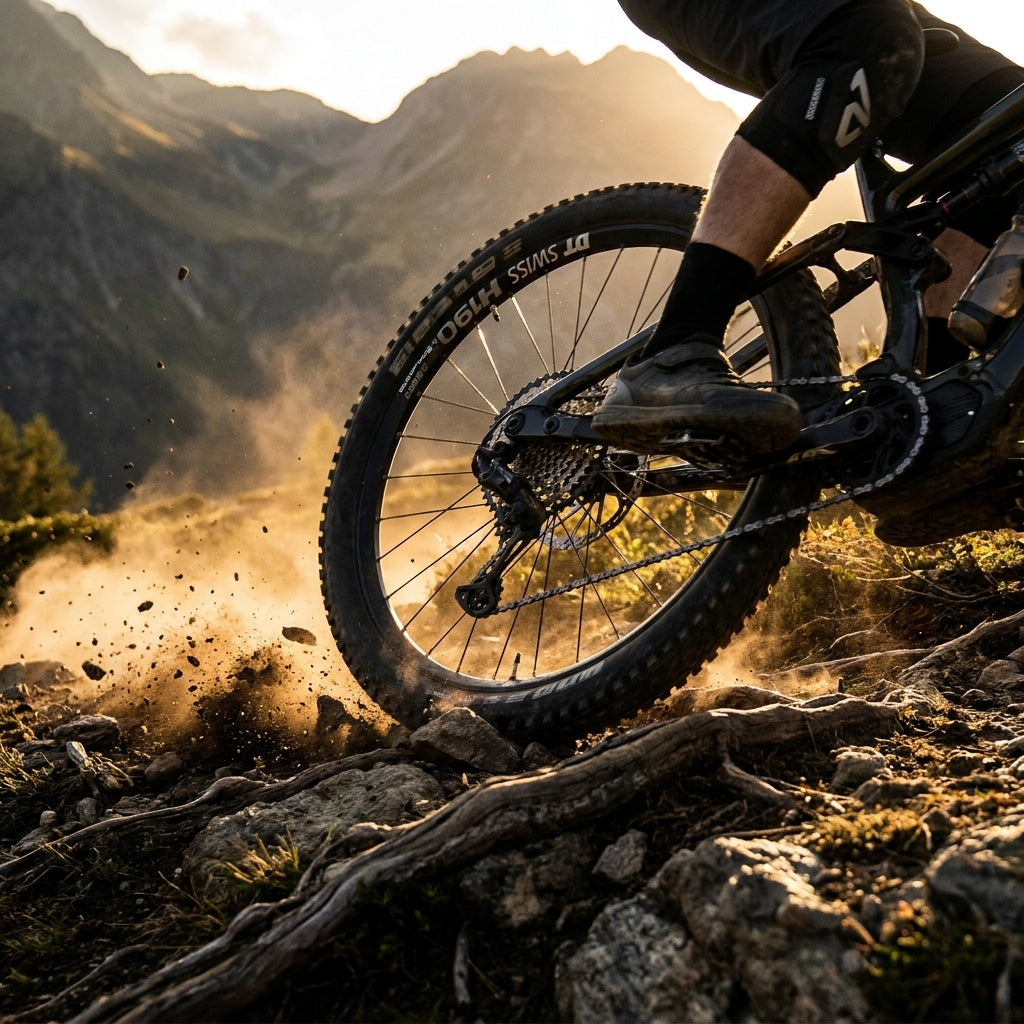 Robustes DT Swiss H 1900 SPLINE eMTB-Hinterrad 27,5" in Aktion, wirbelt Staub auf felsigem Bergpfad auf.