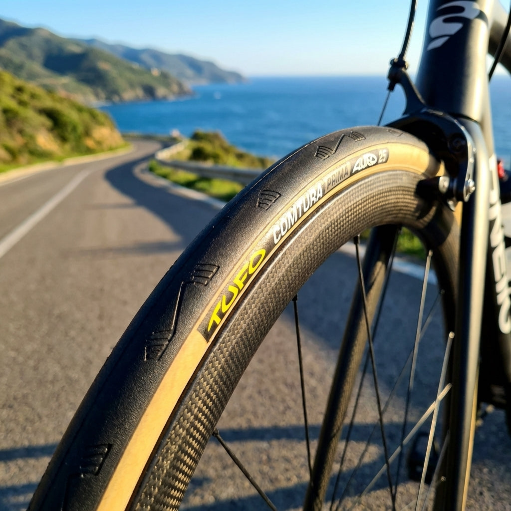Tufo Reifen Comtura Prima schwarz/beige TLR faltbar am Fahrrad auf Küstenstraße mit Meerblick.