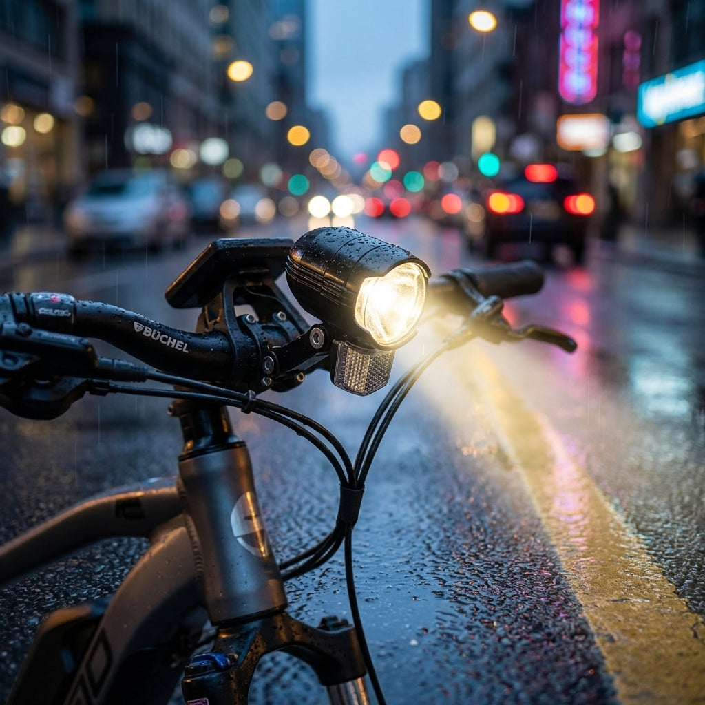Büchel Shiny 80 LED E-Bike Frontlicht am Lenker, hell leuchtend auf nasser Stadtstraße.