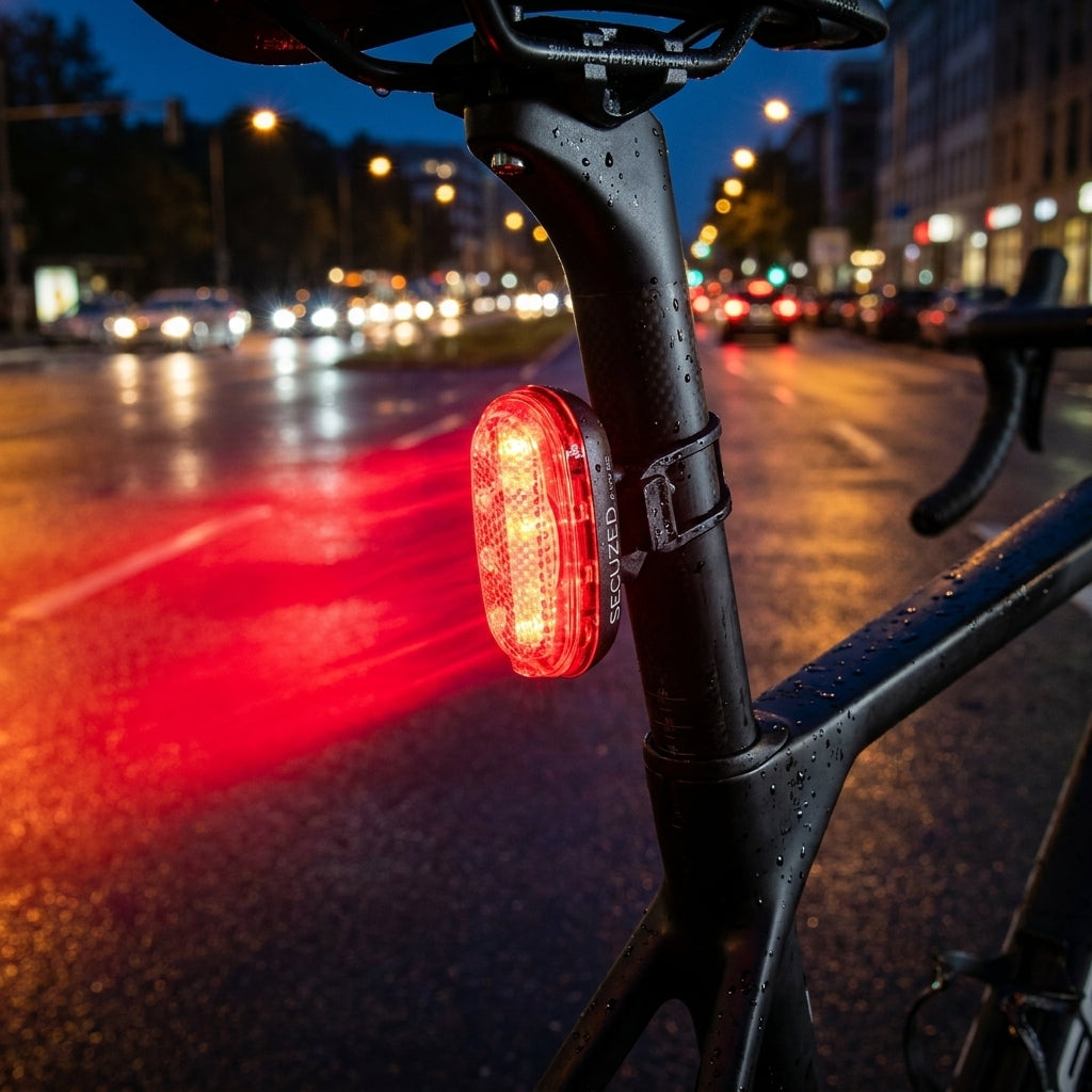 Busch&Müller SECUZED plus LED StVZO Dynamo-Rücklicht am Fahrrad bei Nacht auf nasser Straße für Sicherheit.