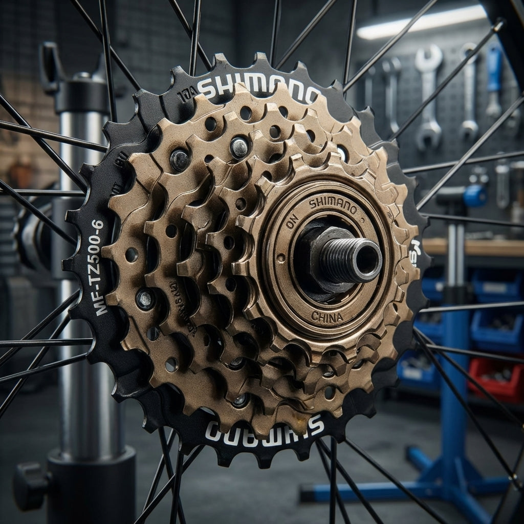 Shimano MF-TZ500-6 6-fach Freilauf-Schraubzahnkranz auf Fahrradrad in Werkstatt.