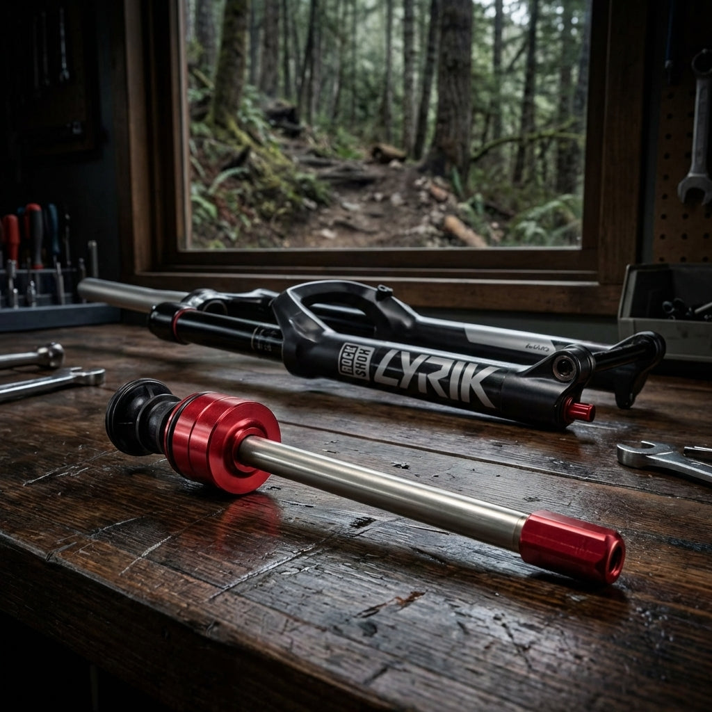 RockShox Lyrik/Yari DebonAir Air Spring Upgrade Kit 160mm auf Werkbank mit Mountainbike-Gabel und Wald.