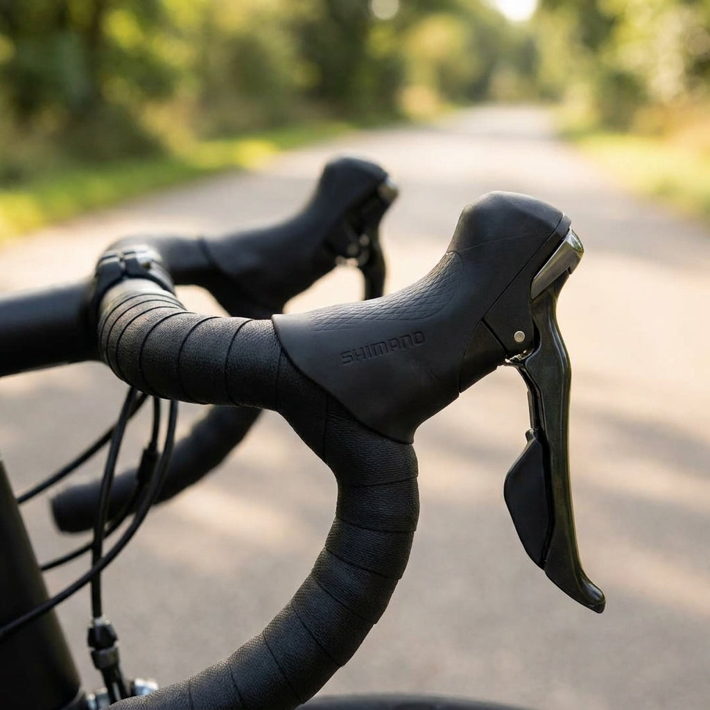 SHIMANO Griffgummi ST-6800 schwarz für ergonomische STI-Schalthebel am Rennradlenker auf einer Straße.