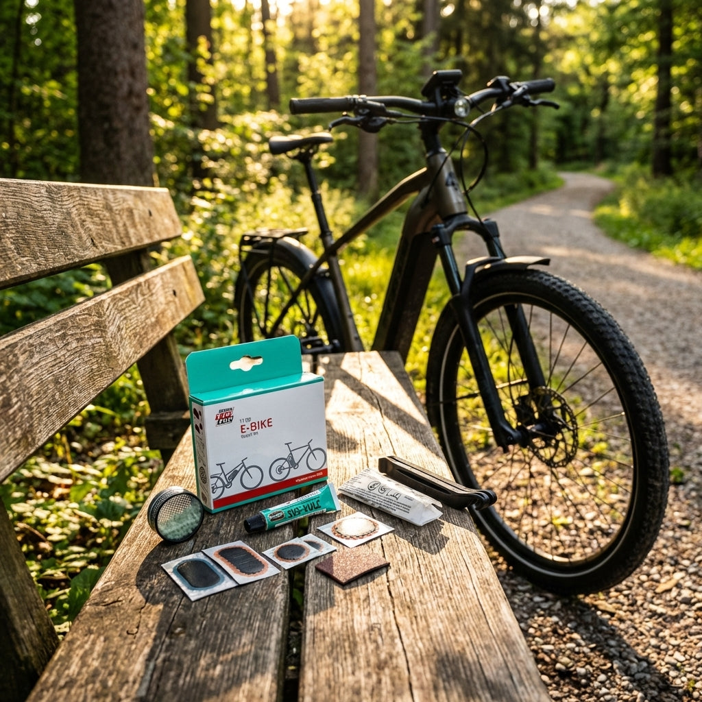 Rema Tip Top TT09 E-Bike Flickzeug-Set mit Lochfinder und Montierhebel auf Holzbank vor E-Bike im Wald.