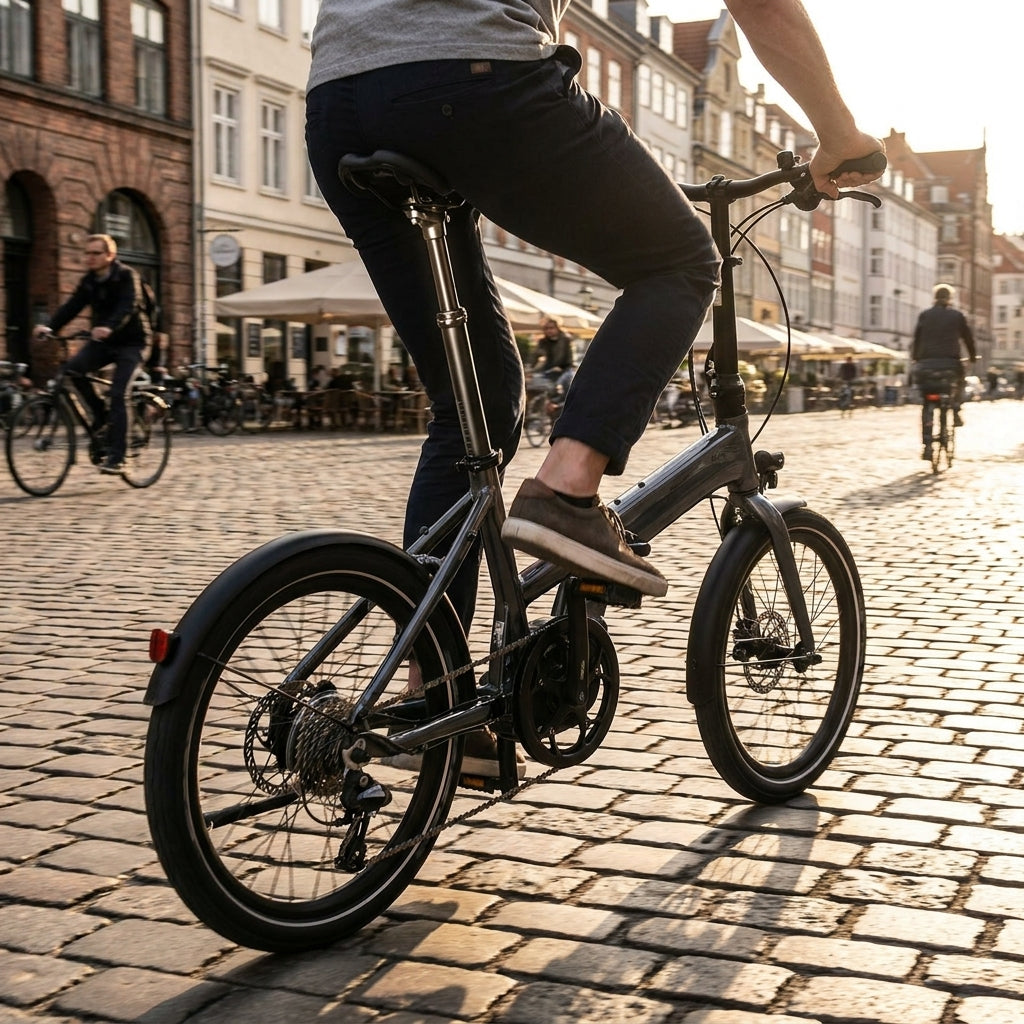 Person fährt Faltrad mit Ergotec SP-10.0 Vario 550 Federsattelstütze (34,9x550mm, 70-120kg) für erhöhten Komfort.