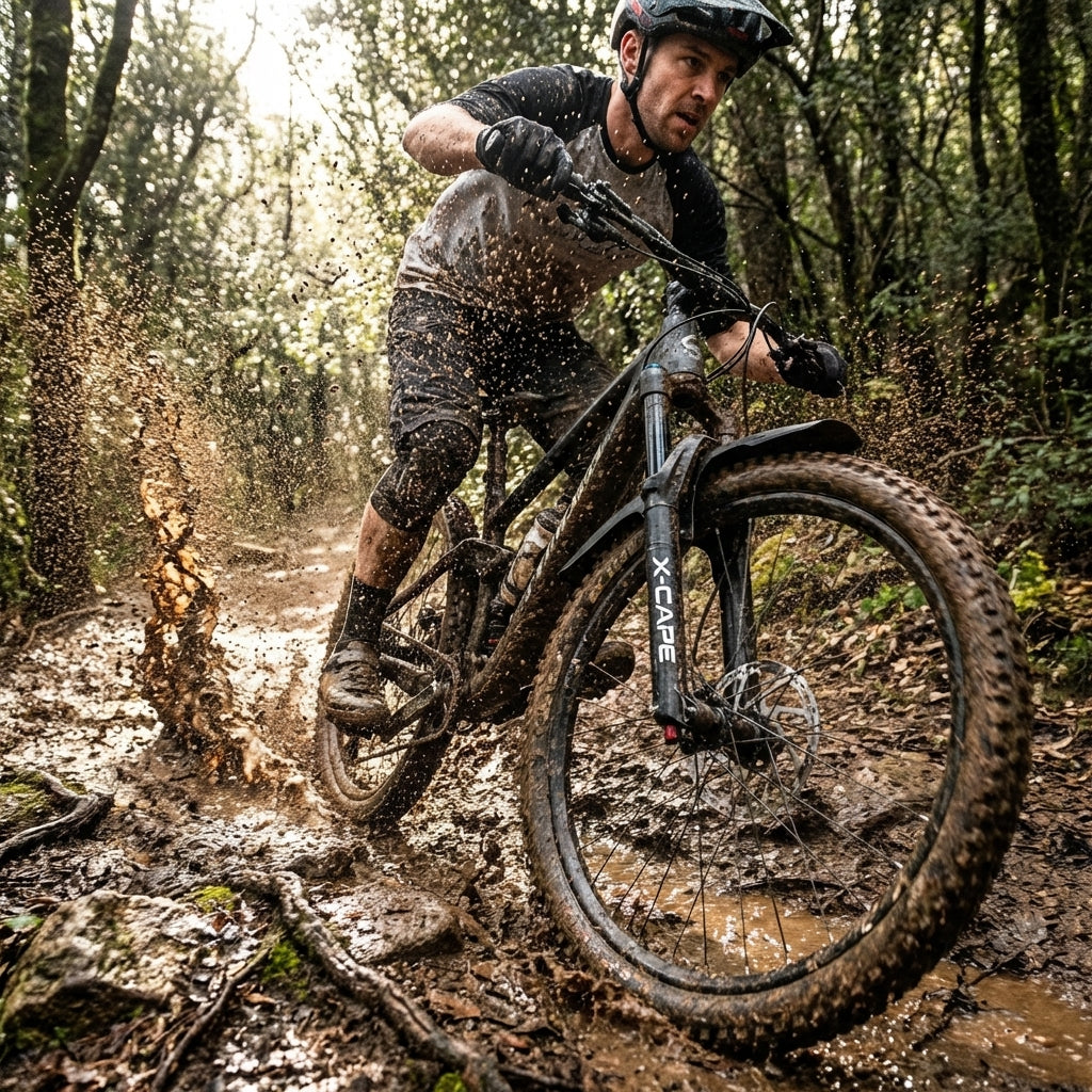 Mountainbiker fährt mit X-CAPE VR-Schutzblech Polisport durch Schlamm im Wald mit hochspritzendem Dreck.