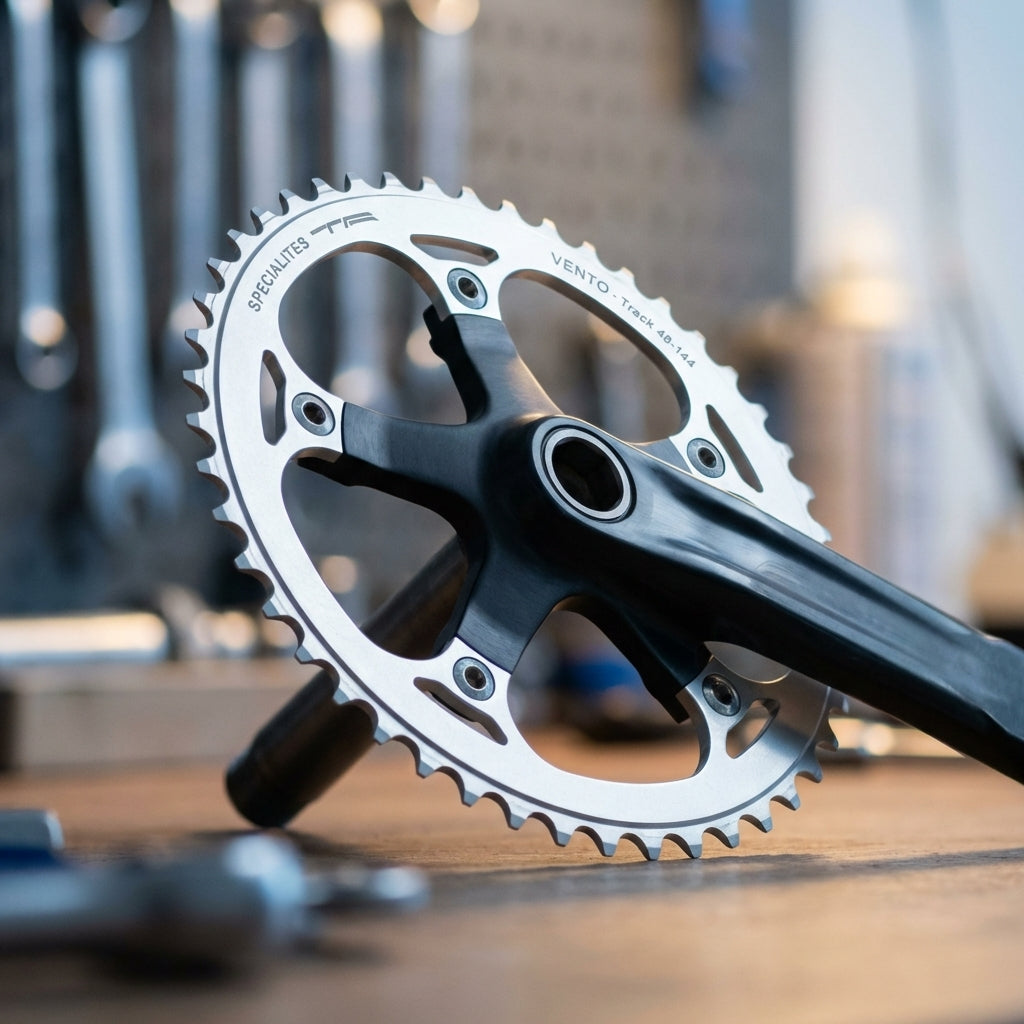 Silbernes TA Vento Kettenblatt 48Z für Fahrrad mit schwarzer Kurbel auf Holzoberfläche in Werkstatt.