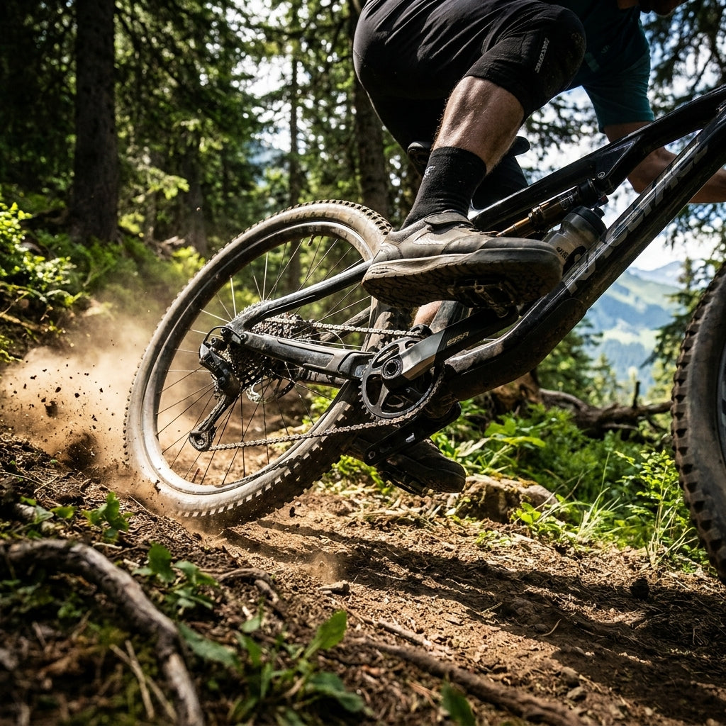 Race Face Era Carbon Kurbel bronze am Mountainbike in Aktion auf staubigem Waldtrail.