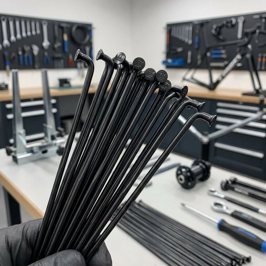 DT Swiss Complite J-Bend Speichen 294mm, schwarz, in Hand. Fahrradwerkstatt mit Werkzeug und Rahmen.