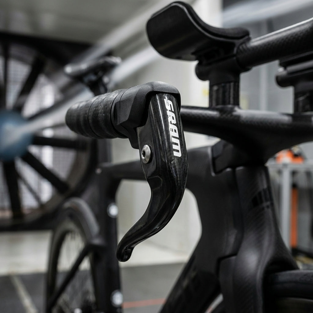 SRAM Aero 990 Carbon Bremshebel am Triathlon-Zeitfahrrad.
