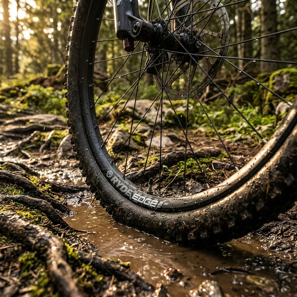 Schwarze Ryde Edge M 35 MTB Felge für Scheibenbremsen. Robuste 27,5 Zoll Mountainbike Felge, tubeless ready, für extreme Trails.