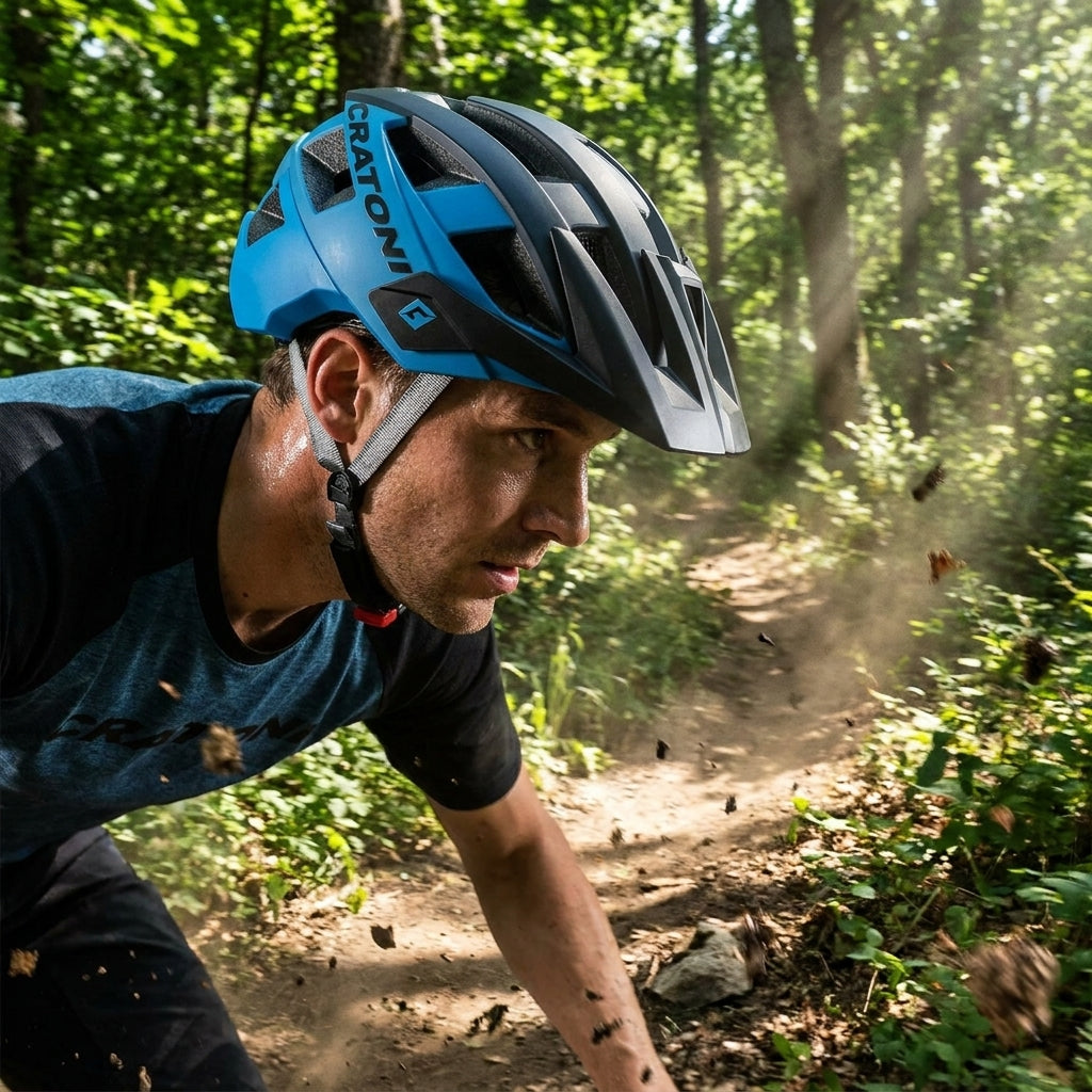 Cratoni AllSet MTB Helm blau schwarz matt auf Mountainbiker im Wald auf staubigem Trail.