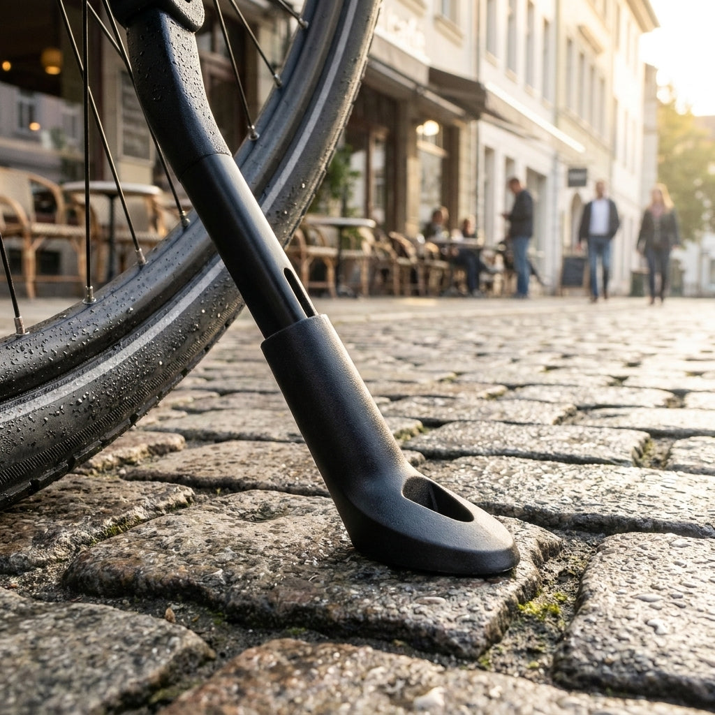 Hebie Fuß für Seitenständer aus schwarzem Kunststoff am Fahrrad auf Kopfsteinpflaster.