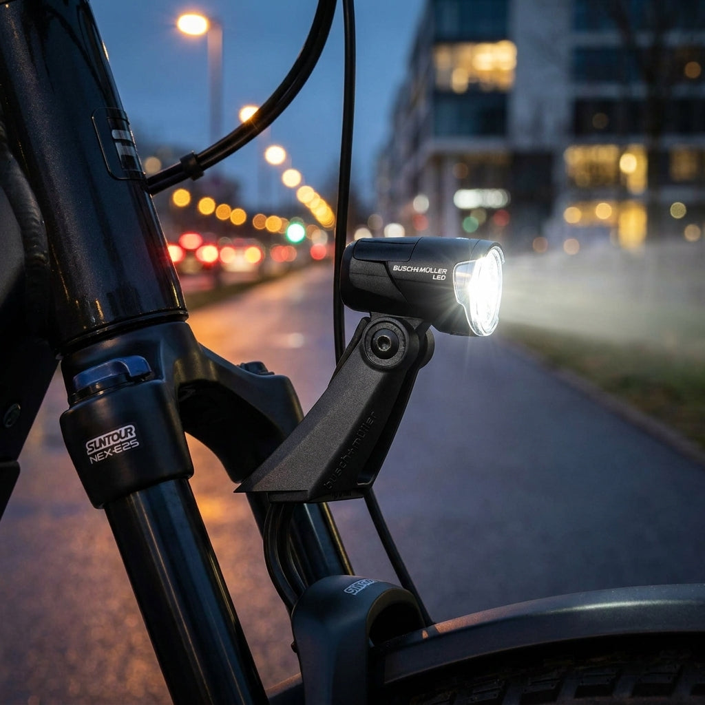 Busch+Müller Adapter Bumm Lampenhalter lang schwarz für Suntour NEX-E25 Fahrradgabel bei Nacht.