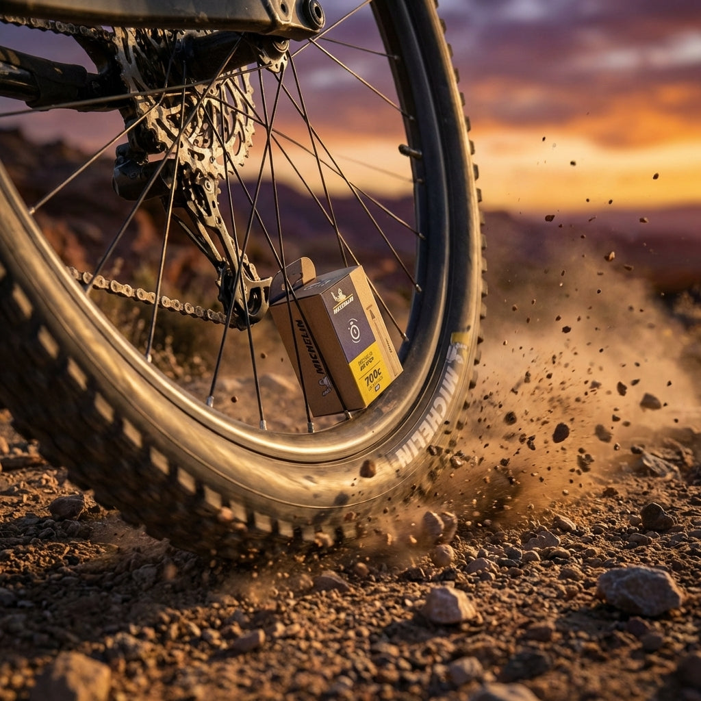 Michelin Schlauch A6 Airstop Box am 29 Zoll Mountainbike-Rad auf Schotterweg, Staub aufwirbelnd bei Sonnenuntergang.
