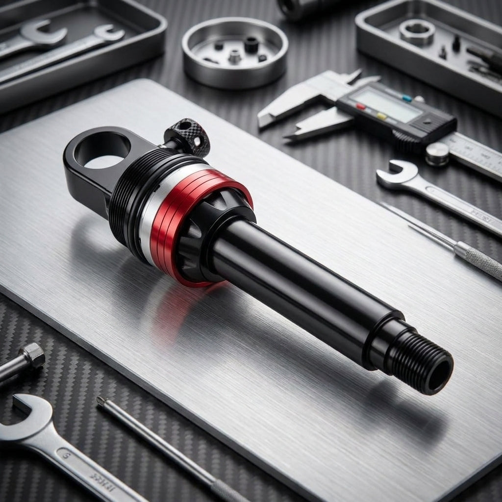 Rockshox RS Fahrrad Dämpfer Schaft Assembly Vivid C1+ 2024+ 37.5mm schwarz-rot auf Werkbank.