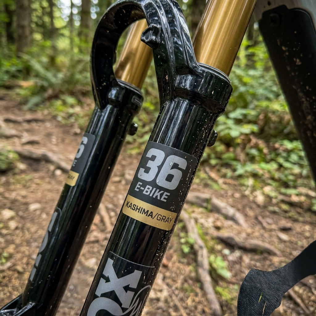 FOX Decal Kit 36 E-Bike Kashima/Gray Logo auf glänzend schwarzer Federgabel. Hochwertiges Tuning und Schutz für FOX Gabeln.