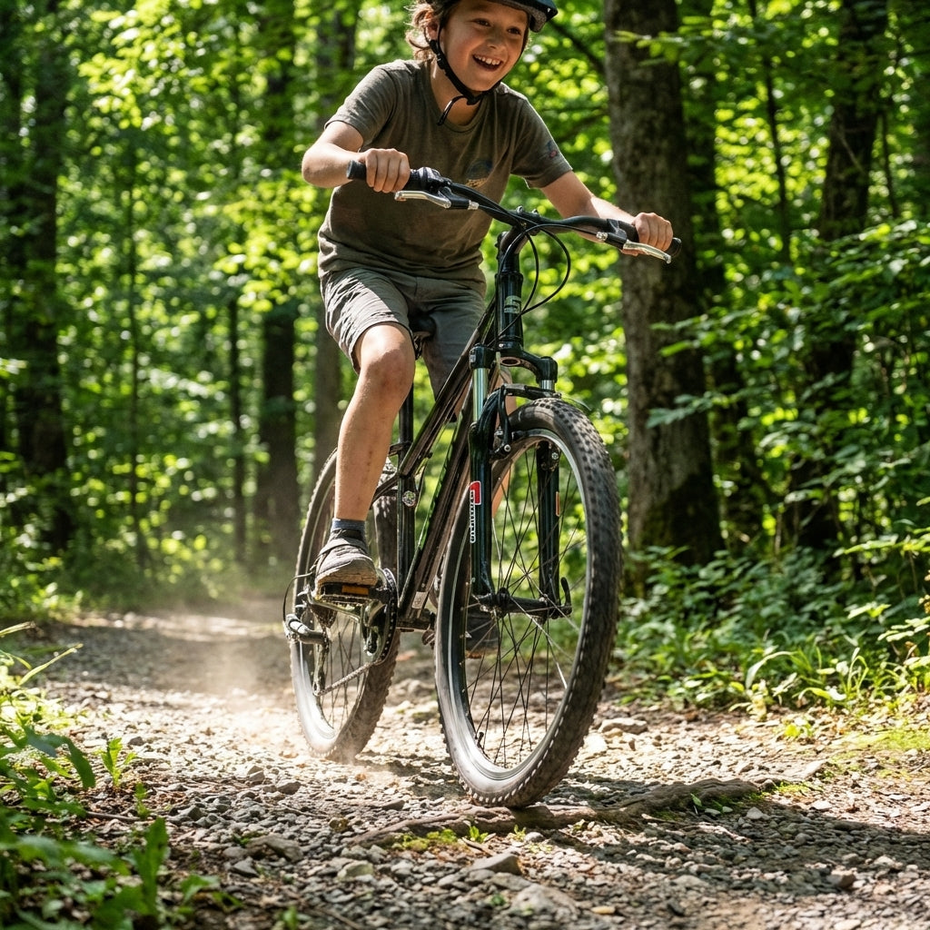 Lachender Junge auf Mountainbike mit SR Suntour Federgabel SF15 M3010-AL 24" auf Waldweg.