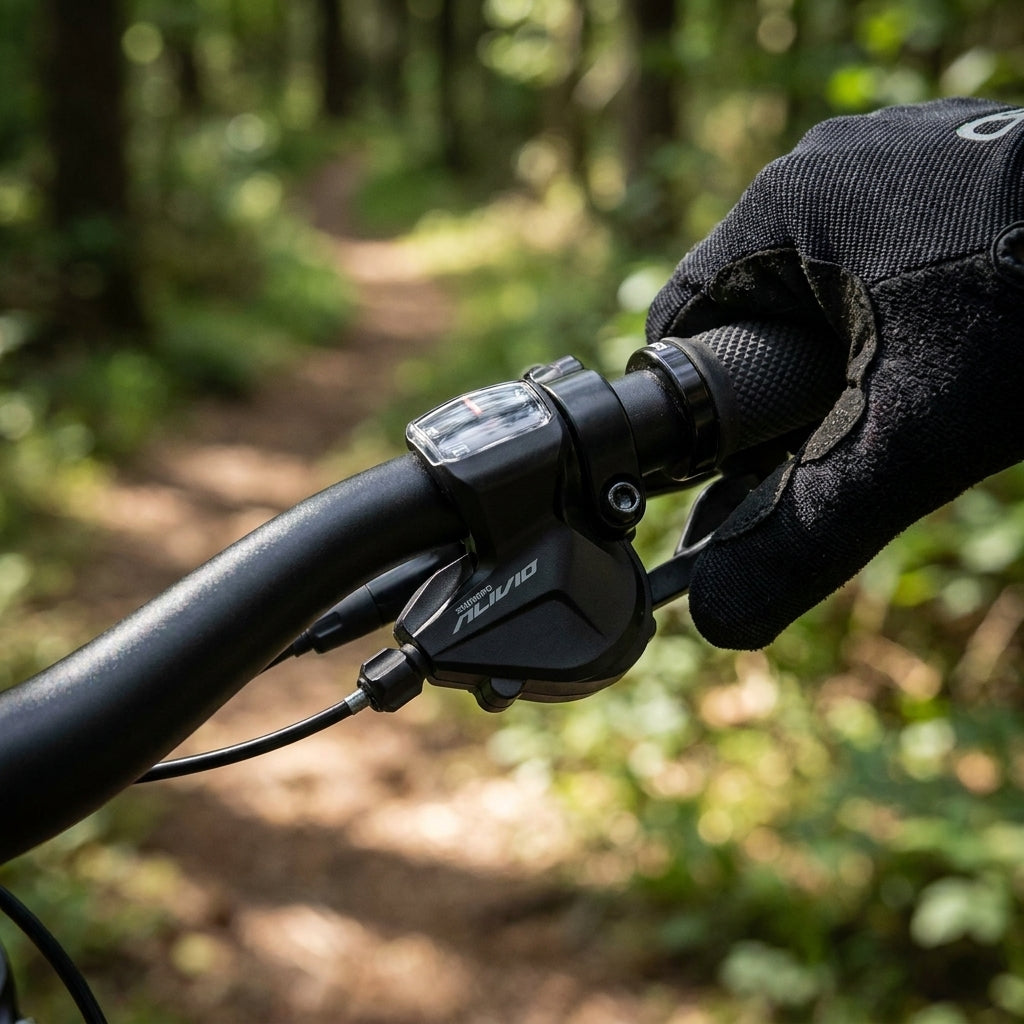 Shimano Alivio SL-M3100 2-fach Schalthebel am Mountainbike-Lenker auf Waldweg.