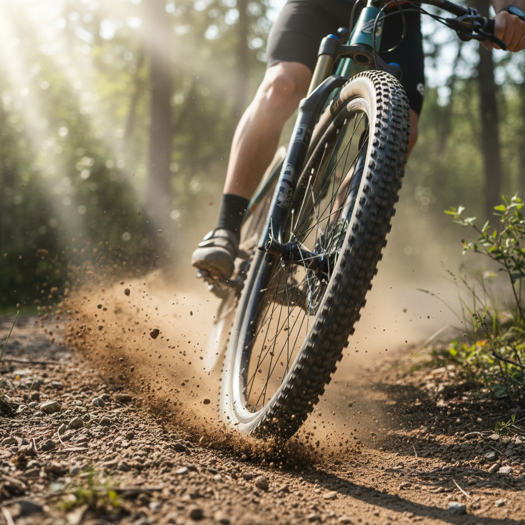 Ritchey Comp Shield Drahtreifen 27.5x2.10Zoll 30TPI am Mountainbike wirbelt auf staubigem Trail Erde auf.