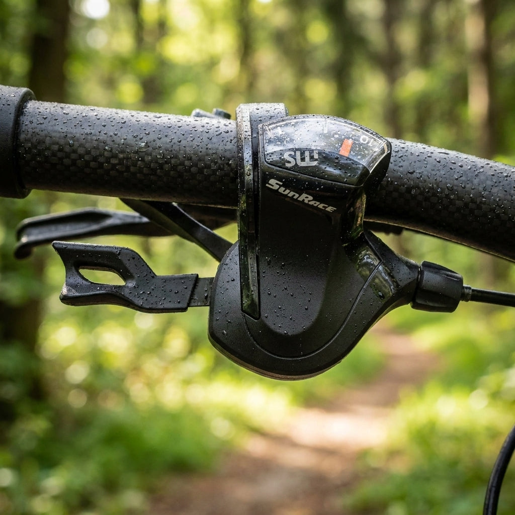 SunRace DLMS30 10-fach rechter Schalthebel in Schwarz auf feuchtem Fahrradlenker im Wald.