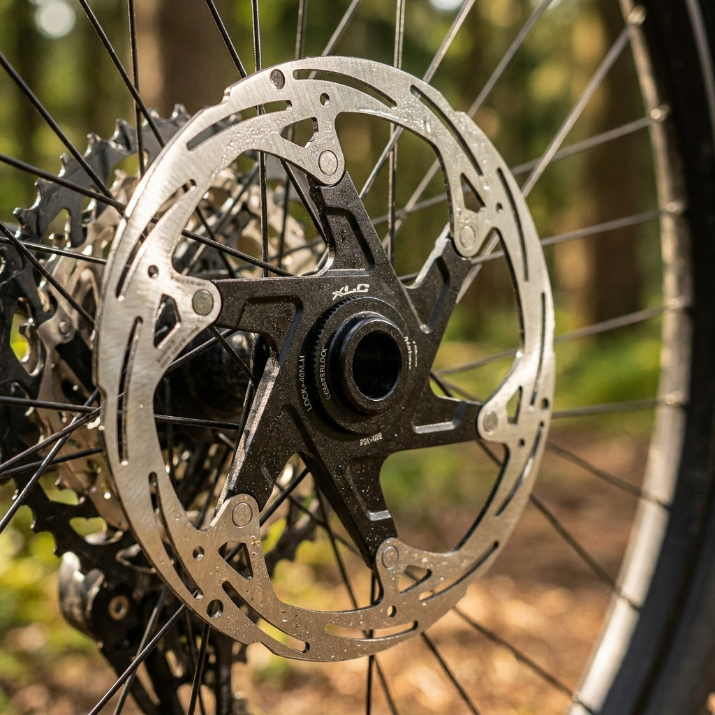 XLC Bremsscheibe BR-X82 Ø 160mm silber Centerlock am Fahrrad-Hinterrad montiert