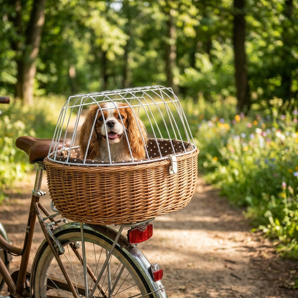 Aumüller Tierfahrradkorb aus Naturweide für Hunde, mit Racktime Adapter und Sicherheitskuppel. Ideal für Radtouren.