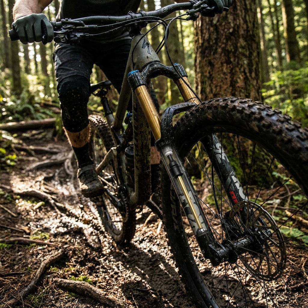 Präzises FOX Z1 36 150 mm Luftfeder-Upgrade an Mountainbike-Gabel im Einsatz auf nass-schlammigem Trail.
