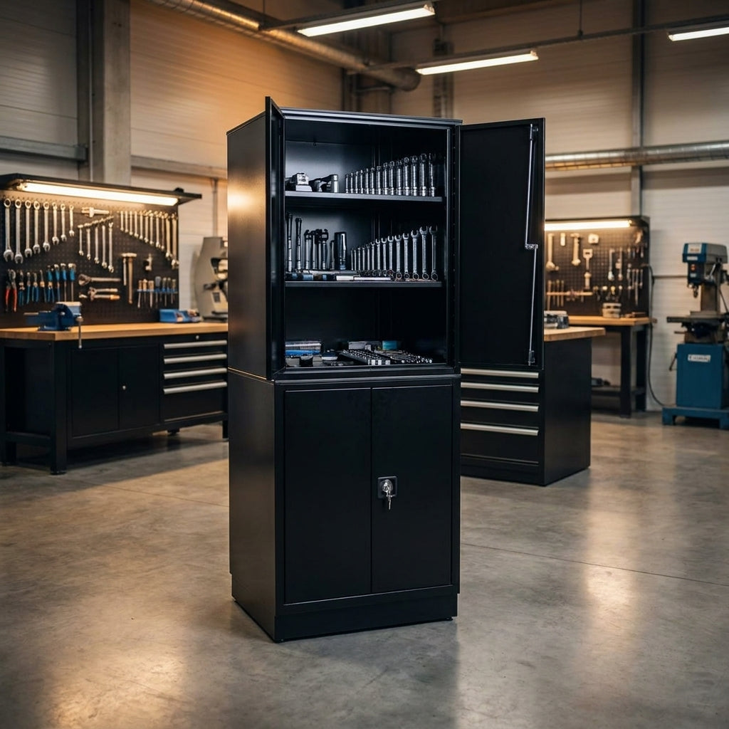 Schwarzer Unior Werkzeugschrank 949.1-BLACK, offen mit Werkzeugen, in einer organisierten Werkstattumgebung.