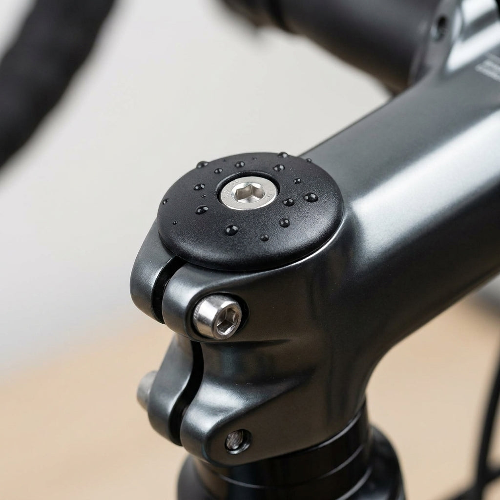 Schwarze Fix-Nippel Abdeckkappe mit Wassertropfen auf Fahrrad-Vorbau für Innensechskant SW 6mm.
