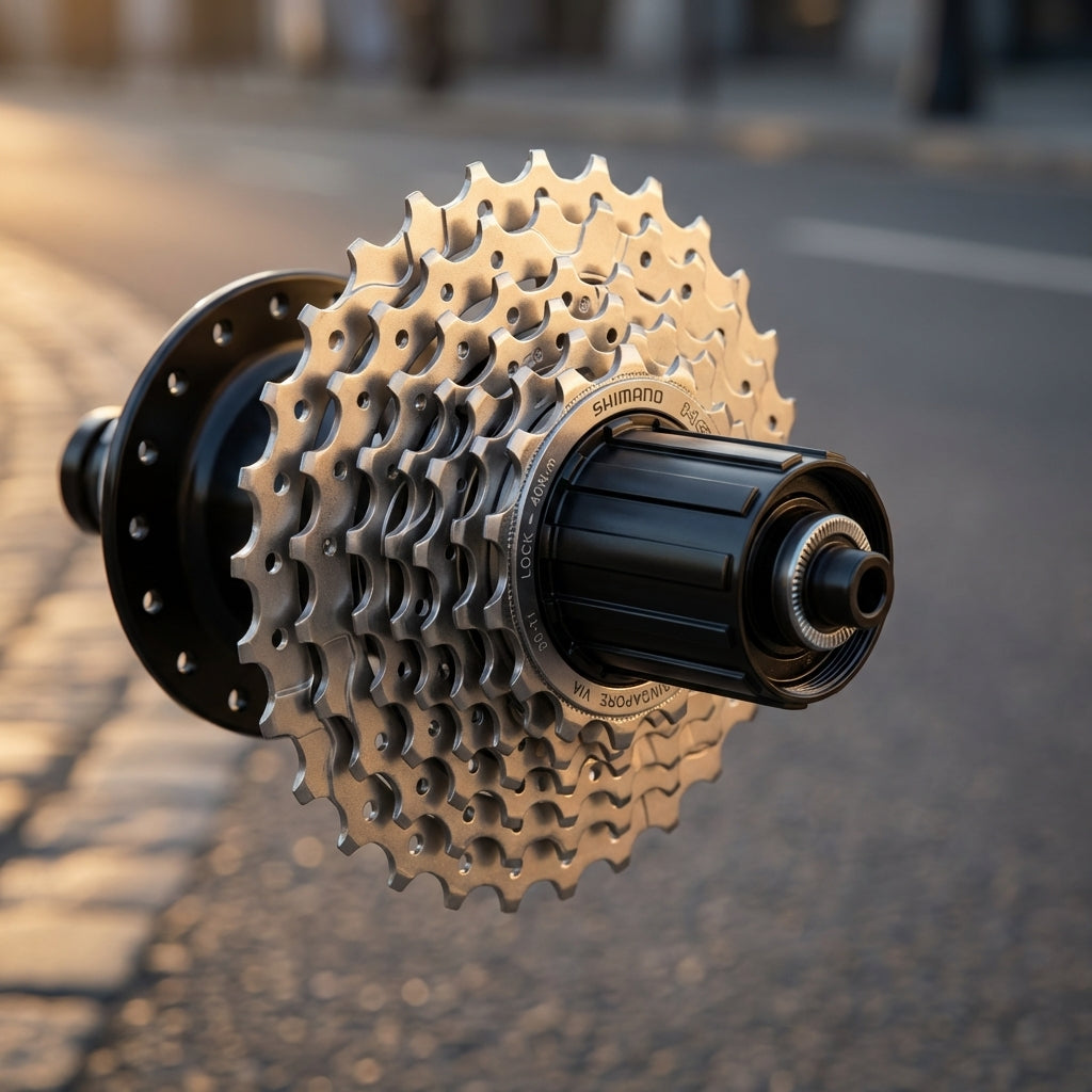 Silberne Shimano Claris CS-HG50 8-fach Kassette mit 11-28 Zähnen auf einer schwarzen Fahrradnabe im Außenbereich.