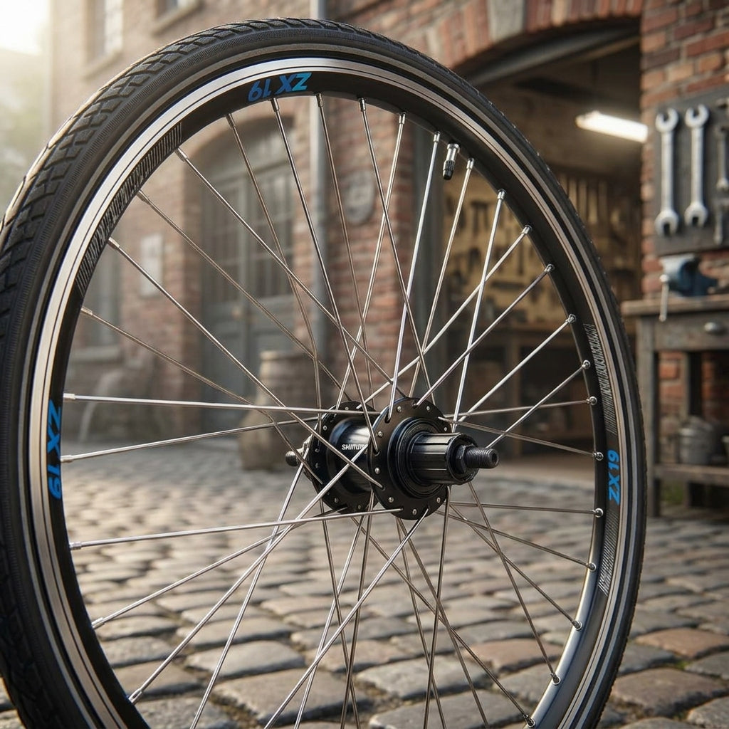 Laufrad Hinterrad 28 Zoll Shimano TY500 7-fach Exal ZX 19 schwarz/silber mit Nirosta-Speichen und Vollachse.