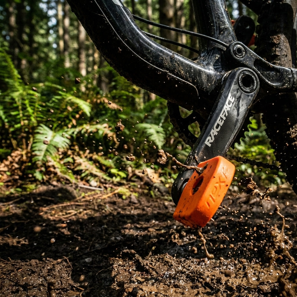 Detailaufnahme: Orange Race Face Next G4 Kurbelschutz an schlammiger Fahrradkurbel auf Waldweg.