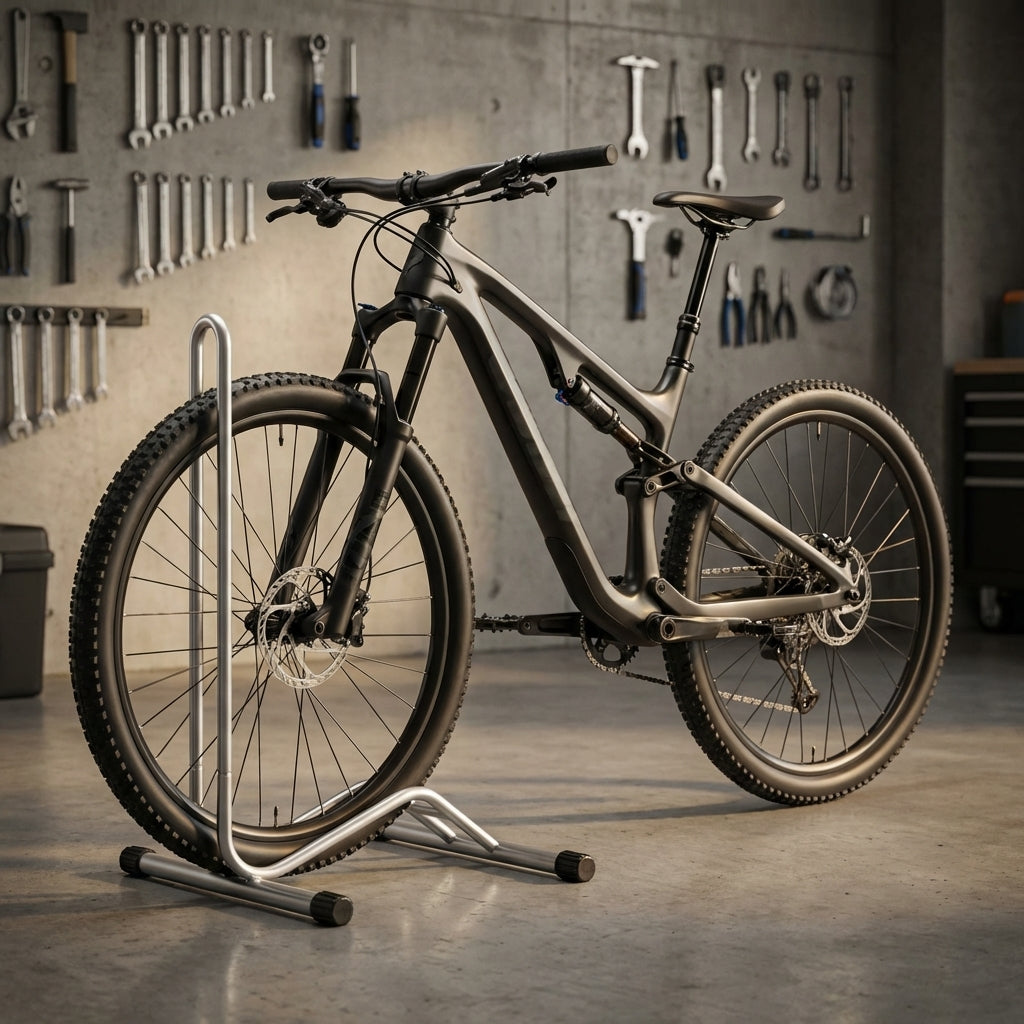 Silberner Willworx Superstand Fahrradständer aus Rundrohr mit schwarzem Mountainbike in einer Werkstatt.
