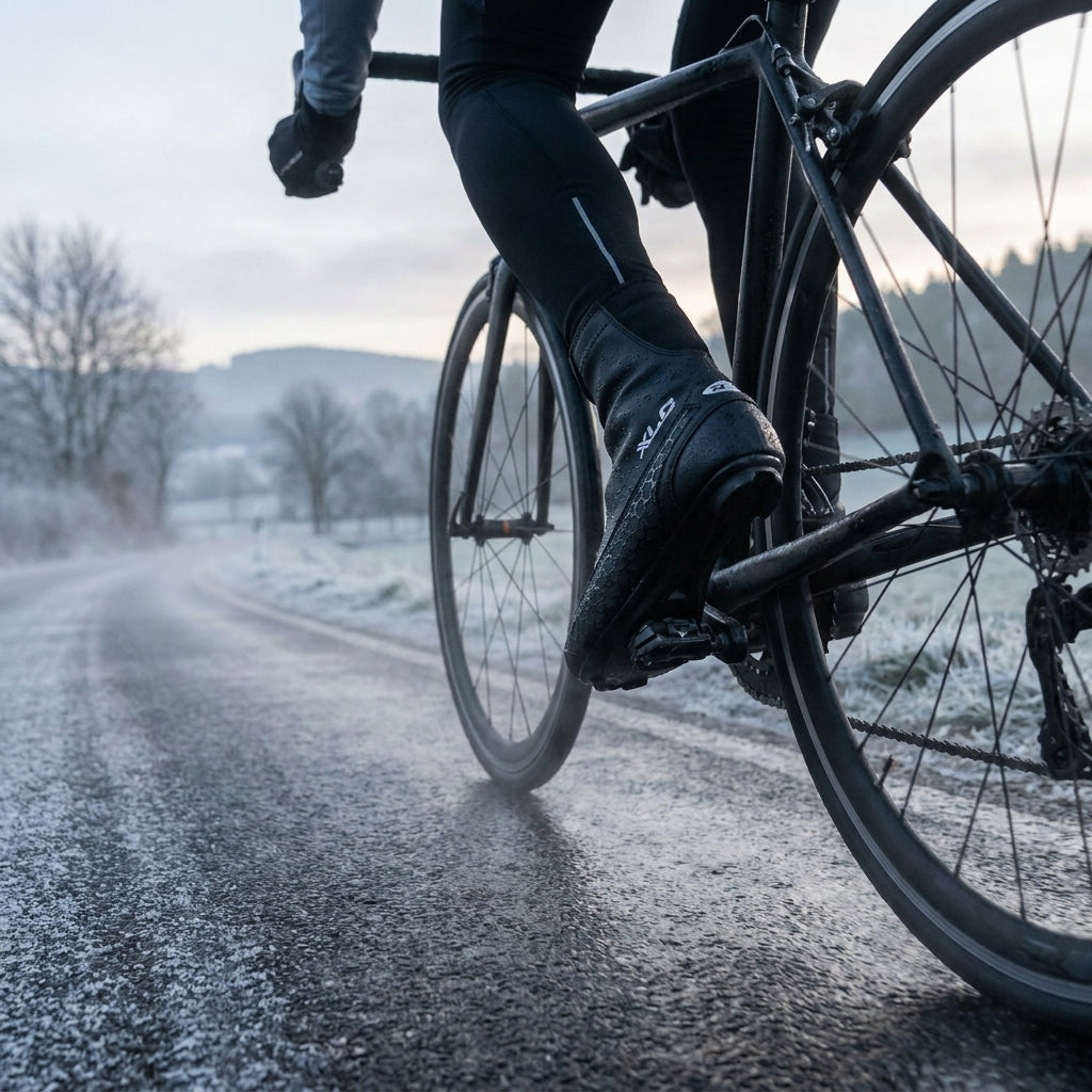 XLC Road Winter-Shoes CB-R07 schwarz Gr. 38 am Fuß eines Radfahrers auf winterlicher, nasser Straße.